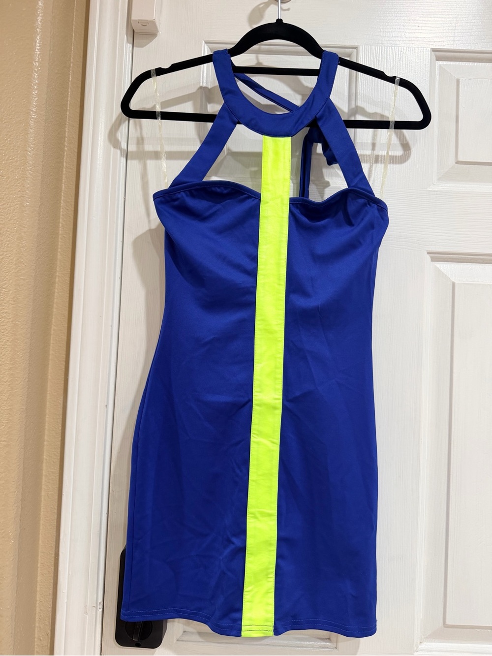 Electric Blue Halter Mini Dress with Neon Yellow Center Stripe